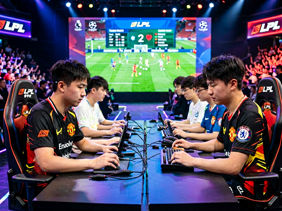 电竞比赛现场，选手在舞台前专注操作