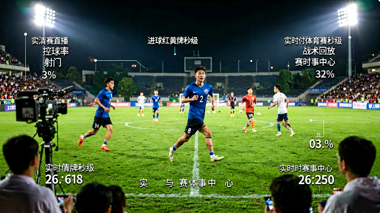 夜间足球场灯光下的比赛场景，球员在绿茵场上奔跑